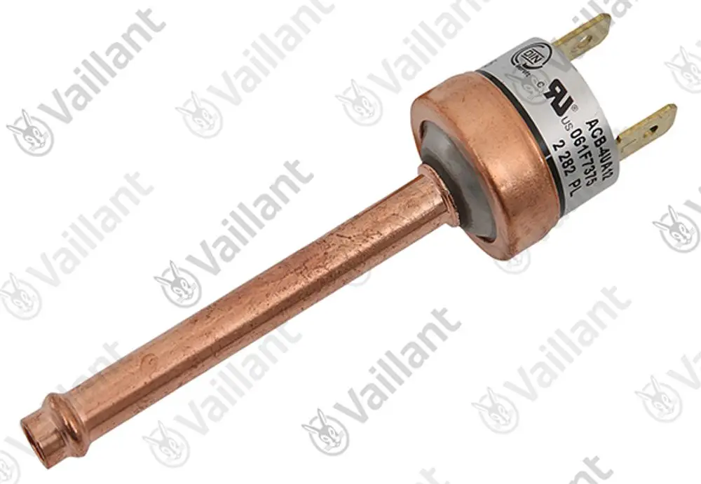 Vaillant Druckschalter mit metallischem Gehäuse und Kupferrohr, geeignet zur Überwachung von Niederdruck in Heizsystemen. Anschlusskontakte sichtbar.